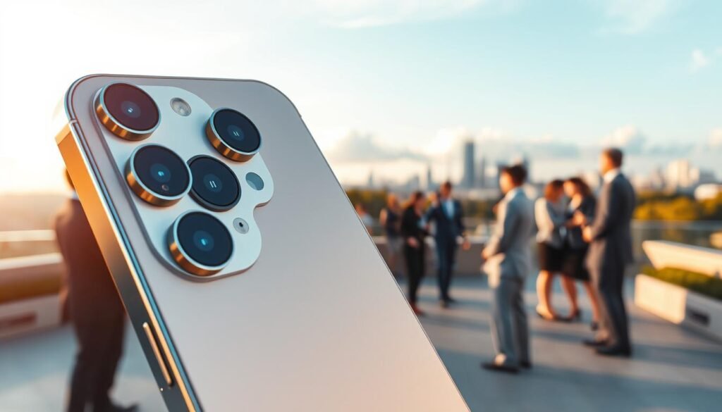 A showcase of "Spatial Photography" technology in action, featuring a sleek iPhone 15 Pro capturing a stunning 3D scene. In the foreground, the phone is prominently displayed with its advanced camera setup, reflecting a stylish metallic finish under soft natural light. The middle ground reveals a vibrant outdoor setting, perhaps a city park, where diverse people are interacting, dressed in professional business attire, engaged with augmented reality elements emanating from the camera. In the background, a picturesque skyline can be seen, with clouds softly illuminated by the golden hour sun, creating a warm, inviting atmosphere. The focus is sharp on the phone's lens, emphasizing the innovative capabilities of Spatial Photography, with a bokeh effect highlighting the depth of field to signify the 3D aspect.