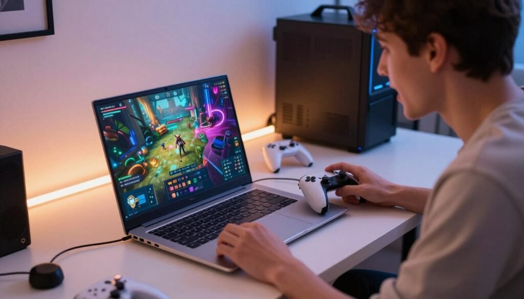 A sleek Chromebook sits prominently on a stylish desk, surrounded by a futuristic gaming setup. The laptop screen displays a vibrant, high-action cloud gaming interface, showcasing colorful game graphics. In the foreground, a person in casual yet professional attire leans forward, deeply engaged in the gaming experience, with their expression reflecting excitement. The middle ground features a high-tech gaming controller and some gaming accessories, creating a dynamic atmosphere. The background presents a modern, well-lit room with ambient LED lighting, emphasizing a gaming ambiance. The image captures the essence of cloud gaming as a solution for Chromebook users, conveying a sense of possibility and enthusiasm in gaming. The scene is illuminated with soft, warm lighting, imparting an inviting mood. A sleek Chromebook sits prominently on a stylish desk, surrounded by a futuristic gaming setup. The laptop screen displays a vibrant, high-action cloud gaming interface, showcasing colorful game graphics. In the foreground, a person in casual yet professional attire leans forward, deeply engaged in the gaming experience, with their expression reflecting excitement. The middle ground features a high-tech gaming controller and some gaming accessories, creating a dynamic atmosphere. The background presents a modern, well-lit room with ambient LED lighting, emphasizing a gaming ambiance. The image captures the essence of cloud gaming as a solution for Chromebook users, conveying a sense of possibility and enthusiasm in gaming. The scene is illuminated with soft, warm lighting, imparting an inviting mood.