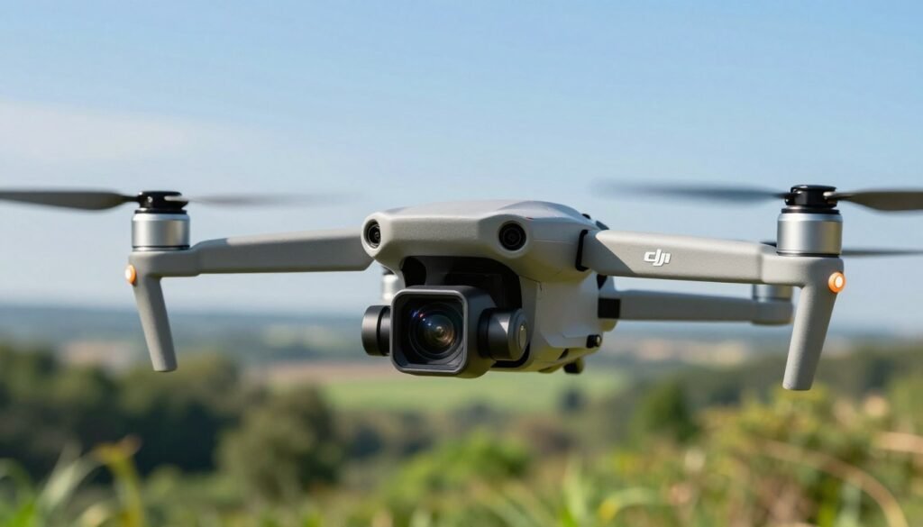 A sleek DJI Mini drone with a high-definition camera prominently displayed in the foreground, showcasing its advanced stabilization features and powerful optics. The camera lens glimmers under natural daylight, highlighting intricate details like the lens and gimbal. In the middle ground, a vibrant landscape unfolds, featuring lush greenery and a scenic horizon, illustrating the drone's capability for aerial photography. The background captures a clear blue sky, evoking a sense of freedom and adventure. The image is well-lit with soft, natural lighting, emphasizing the drone's modern design and technical finesse. The angle is slightly tilted upward, providing a dynamic perspective that conveys innovation and cutting-edge technology. The mood is exciting and inspiring, perfect for showcasing the DJI Mini’s standout features. A sleek DJI Mini drone with a high-definition camera prominently displayed in the foreground, showcasing its advanced stabilization features and powerful optics. The camera lens glimmers under natural daylight, highlighting intricate details like the lens and gimbal. In the middle ground, a vibrant landscape unfolds, featuring lush greenery and a scenic horizon, illustrating the drone's capability for aerial photography. The background captures a clear blue sky, evoking a sense of freedom and adventure. The image is well-lit with soft, natural lighting, emphasizing the drone's modern design and technical finesse. The angle is slightly tilted upward, providing a dynamic perspective that conveys innovation and cutting-edge technology. The mood is exciting and inspiring, perfect for showcasing the DJI Mini’s standout features.