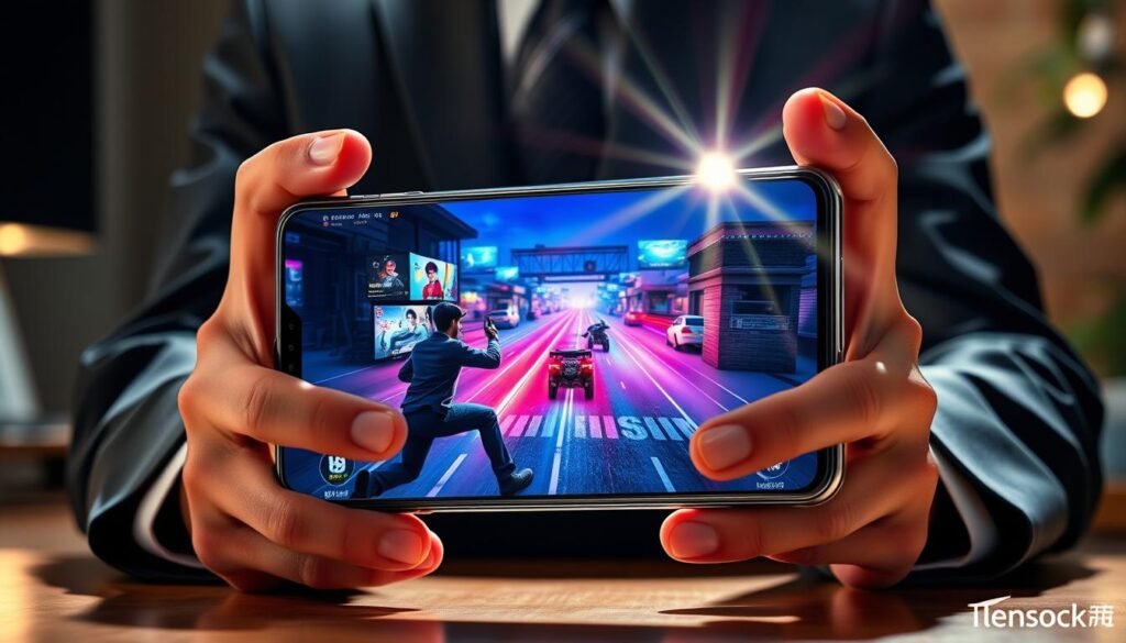 A sleek and modern Xiaomi Redmi Note 14 Pro 5G smartphone is showcased prominently in the foreground, reflecting a polished metallic finish with a vibrant display that highlights its responsive screen capabilities. The device should be held by a pair of hands in a professional business attire, emphasizing user interaction with the gaming features. In the middle ground, an engaging gaming scene is depicted on the screen, showcasing vivid graphics and action for a more immersive feel. The background features a soft-focus environment, perhaps a stylish workspace or gaming setup with ambient lighting, creating a dynamic yet professional atmosphere. Use dramatic lighting to enhance the phone's features, with a slight lens flare effect to emphasize the screen’s brightness and clarity.