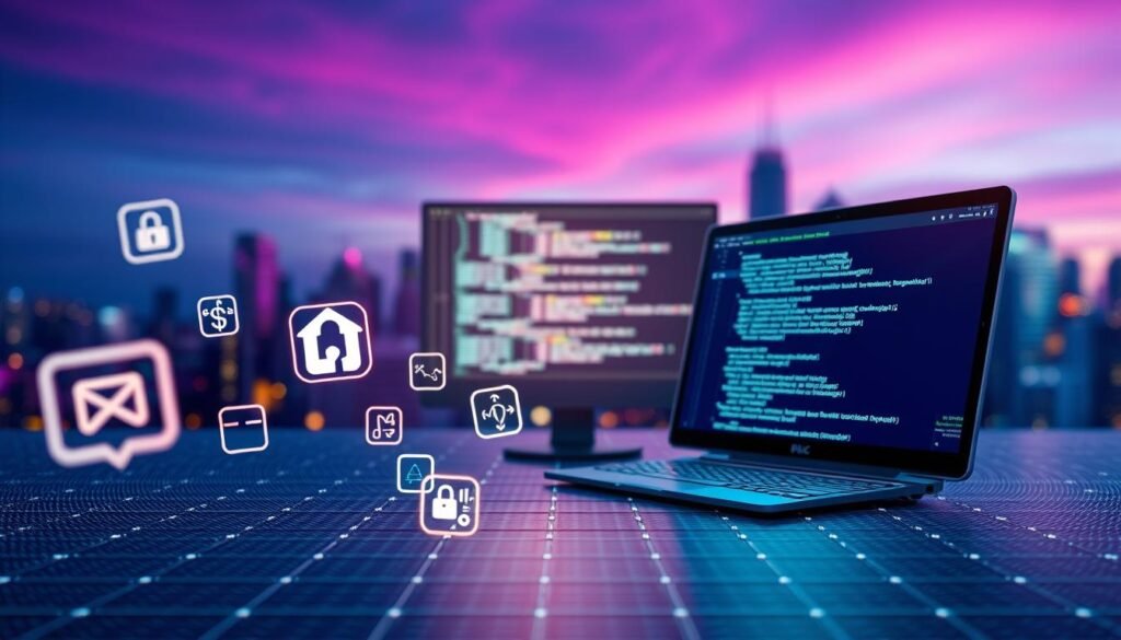 A sleek and modern computer interface showcasing the functions of software within a computer system. In the foreground, an abstract representation of various software applications (icons or symbols) floating on a digital grid, emitting soft glows. In the middle ground, a stylized rendering of a computer screen displaying code and algorithms, symbolizing the intelligence behind software. The background features a blurred image of a city skyline at dusk, with vivid purple and blue hues, creating a tech-savvy atmosphere. The lighting should be dynamic, highlighting the glowing icons and computer screen while casting soft shadows. The overall mood is innovative and futuristic, emphasizing the critical role of software in enhancing user privacy and functionality in digital environments.