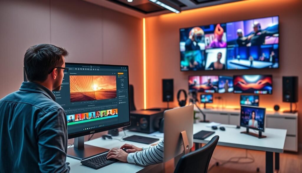 A sleek and modern digital workspace featuring a high-tech computer screen displaying the interface of DaVinci Resolve 19, showcasing its new AI tool "Magic Mask". In the foreground, a professional videographer in smart casual attire is analyzing video clips, with various software tools and color palettes visible on the screen. The middle ground features an organized desk with high-end video editing equipment and a well-lit environment. The background shows wall-mounted LED screens displaying vivid video edits. Soft, ambient lighting enhances the futuristic atmosphere, with warm hues reflecting creativity. The angle is slightly above eye level, emphasizing the work in progress while providing a clear view of the software features, creating an inspiring mood for digital creativity and innovation.