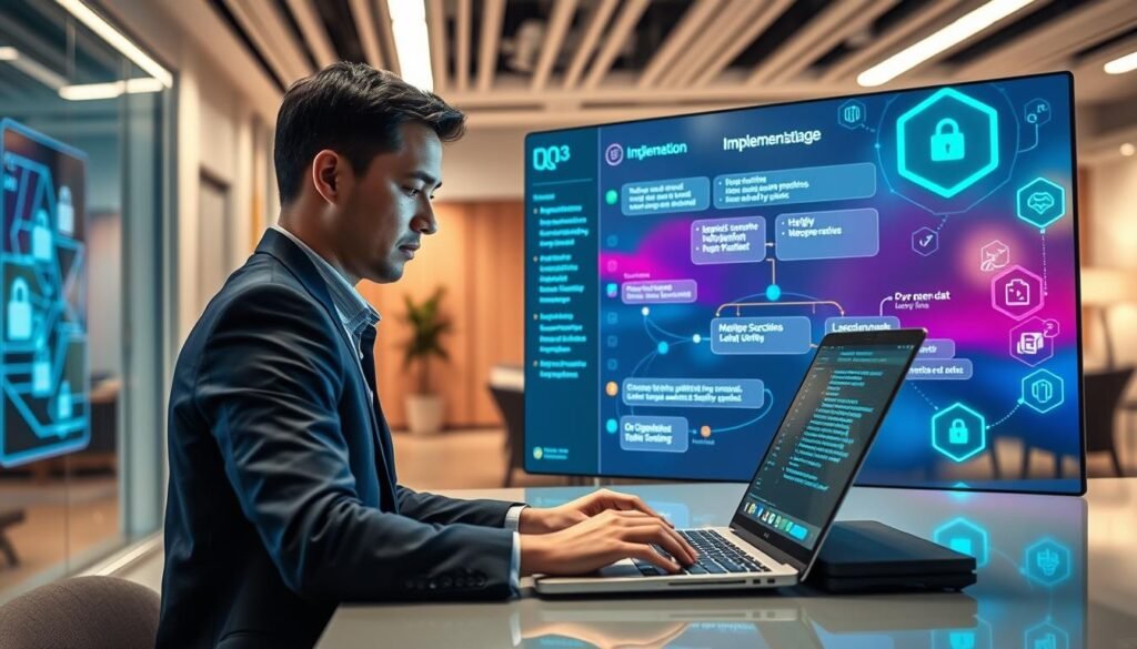 A sleek and modern digital workspace illustrating the implementation process of PQ3 cryptography in iMessage. In the foreground, a professional wearing business attire is intently working on a high-tech laptop, with code and cryptographic algorithms visible on the screen. The middle section features a large digital interface displaying a flowchart showing the implementation steps, with vibrant colors and interconnected nodes. In the background, a softly lit office environment with abstract tech-inspired graphics and secure data symbols creates a high-tech ambiance. The lighting is bright yet soft, highlighting the focused work without harsh shadows. Capture a sense of innovation and urgency in the atmosphere, emphasizing a breakthrough in security technology.