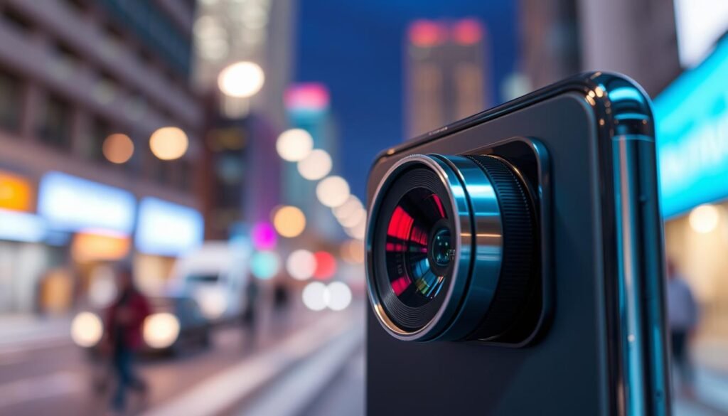 A sleek and modern flagship smartphone camera setup prominently displayed in the foreground, showcasing a high-resolution lens and advanced photography features. The camera module gleams with metallic finishes, emphasizing its cutting-edge technology. In the middle, a blurred yet vibrant urban background, with dynamic lighting suggesting a lively evening scene to highlight video recording capabilities. Soft bokeh effects enhance the aesthetic, making the smartphone appear to be in action, capturing stunning moments. The atmosphere conveys innovation and excitement, reflecting advancements in imaging signals processing (ISP) and video performance. The lighting is soft yet focused, simulating a professional shooting environment, ideal for showcasing multimedia enhancements.