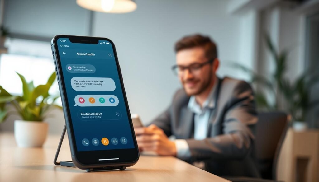 A sleek and modern smartphone displaying a user-friendly mental health chatbot application on its screen. The foreground features a close-up of the phone, showcasing an intuitive interface with calming colors and icons representing emotional support. In the middle, a professional-looking individual, dressed in business attire, is seated at a desk, interacting with the smartphone, their expression reflecting a sense of relief and engagement. The background depicts a cozy, well-lit office space with plants and soft, ambient lighting, conveying a tranquil atmosphere. Soft focus depth of field to emphasize both the smartphone and the user, while maintaining a clean and airy look that promotes a sense of hope and innovation in mental health care. A sleek and modern smartphone displaying a user-friendly mental health chatbot application on its screen. The foreground features a close-up of the phone, showcasing an intuitive interface with calming colors and icons representing emotional support. In the middle, a professional-looking individual, dressed in business attire, is seated at a desk, interacting with the smartphone, their expression reflecting a sense of relief and engagement. The background depicts a cozy, well-lit office space with plants and soft, ambient lighting, conveying a tranquil atmosphere. Soft focus depth of field to emphasize both the smartphone and the user, while maintaining a clean and airy look that promotes a sense of hope and innovation in mental health care.