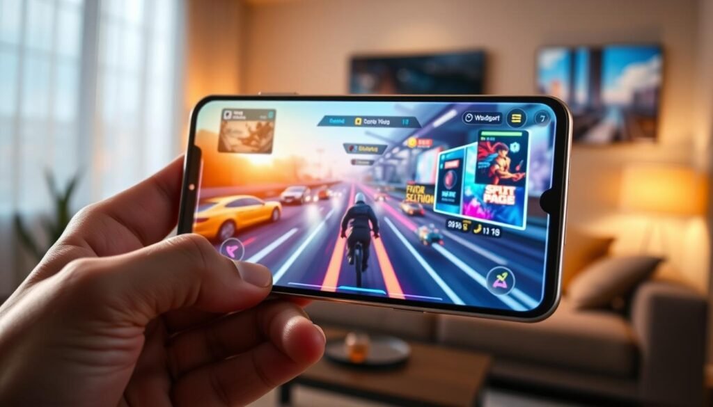 A sleek, high-end smartphone displaying a vibrant AMOLED screen with a high refresh rate, showcasing a stunning gaming scene. In the foreground, the smartphone is held in a steady hand, with realistic details of the device, emphasizing light reflections on the glass surface. The middle ground features a dynamic, colorful gaming interface on the screen, illustrating fast-paced action with vivid colors. The background consists of a softly blurred living room environment, illuminated by gentle, warm lighting that enhances the focus on the smartphone. The overall mood is energetic and immersive, capturing the essence of modern gaming technology. The image should evoke excitement and the appeal of high-performance mobile gaming.