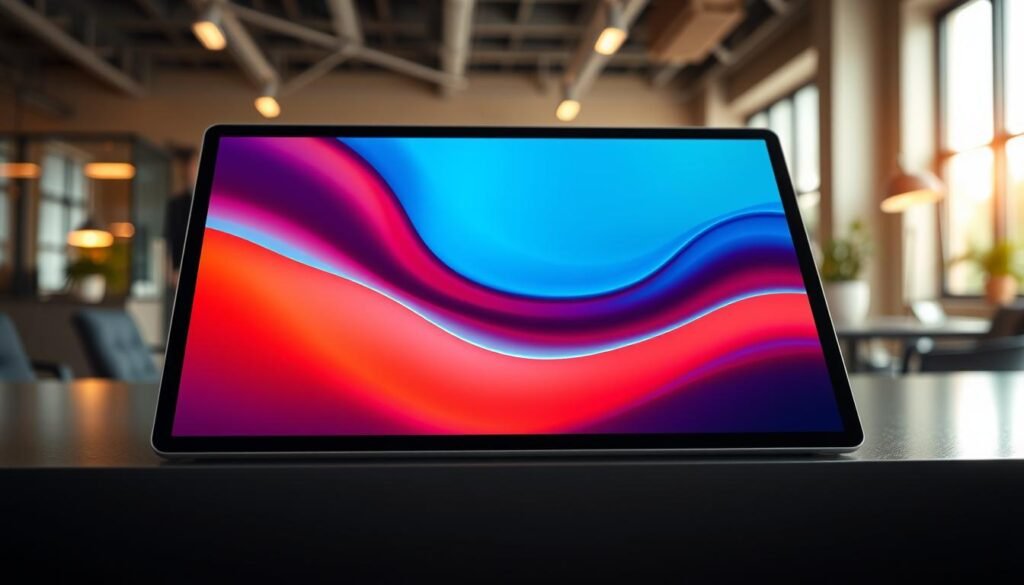 A sleek, high-end tablet showcasing the "Performa Chip M4" prominently in the foreground. The tablet's ultra-thin design features a vibrant OLED tandem screen boasting rich colors and maximum brightness of 3000 nits, complemented by an elegant, minimalist frame. In the middle ground, soft reflections of modern office equipment and ambient lighting enhance the professional atmosphere while subtle hints of high-tech elements suggest advanced performance. The background features a blurred view of a contemporary workspace, with warm natural light streaming through a window, creating an inviting yet dynamic environment. The overall mood is sophisticated and innovative, evoking a sense of cutting-edge technology and productivity. The composition should evoke a sense of advancement without any text or distractions.