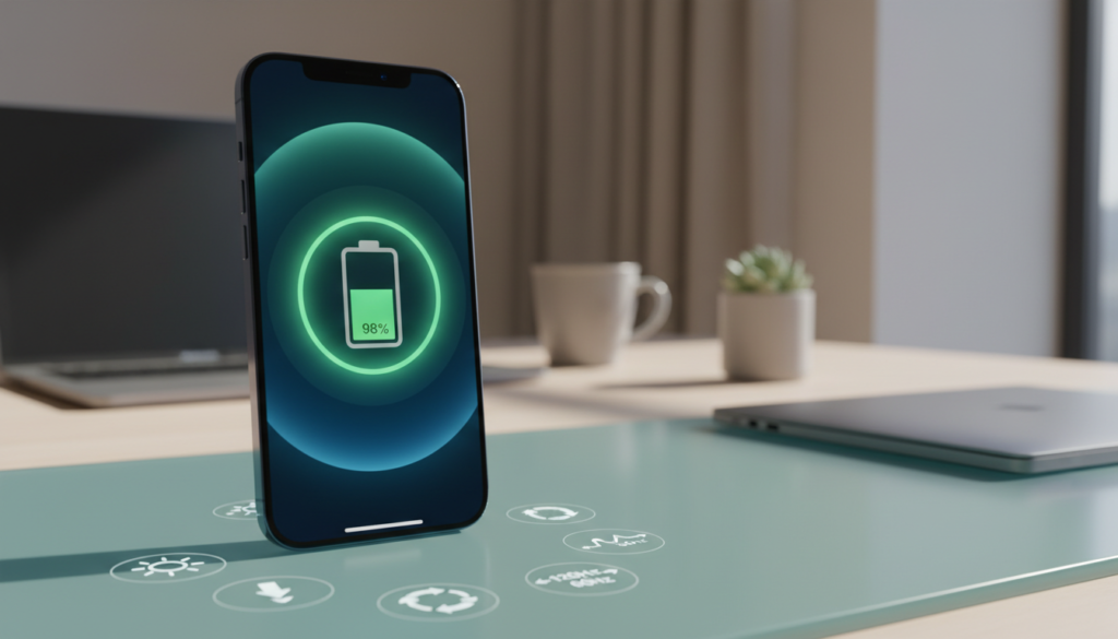 A sleek iPhone 15 Pro displaying its ProMotion feature, prominently showcasing a battery icon with a glowing green percentage, symbolizing optimization and efficiency. In the foreground, subtle icons representing tips for battery-saving settings surround the phone, hinting at features like brightness adjustment, background app refresh control, and refresh rate settings. In the middle ground, a blurred modern workspace with soft natural lighting creates a calm, productive atmosphere. The background features a large window with soft sunlight streaming in, casting gentle shadows. The focus is sharp on the phone while maintaining a professional and inviting mood. The overall color palette is cool and calming, with shades of blue and green to convey technology and sustainability. A sleek iPhone 15 Pro displaying its ProMotion feature, prominently showcasing a battery icon with a glowing green percentage, symbolizing optimization and efficiency. In the foreground, subtle icons representing tips for battery-saving settings surround the phone, hinting at features like brightness adjustment, background app refresh control, and refresh rate settings. In the middle ground, a blurred modern workspace with soft natural lighting creates a calm, productive atmosphere. The background features a large window with soft sunlight streaming in, casting gentle shadows. The focus is sharp on the phone while maintaining a professional and inviting mood. The overall color palette is cool and calming, with shades of blue and green to convey technology and sustainability.