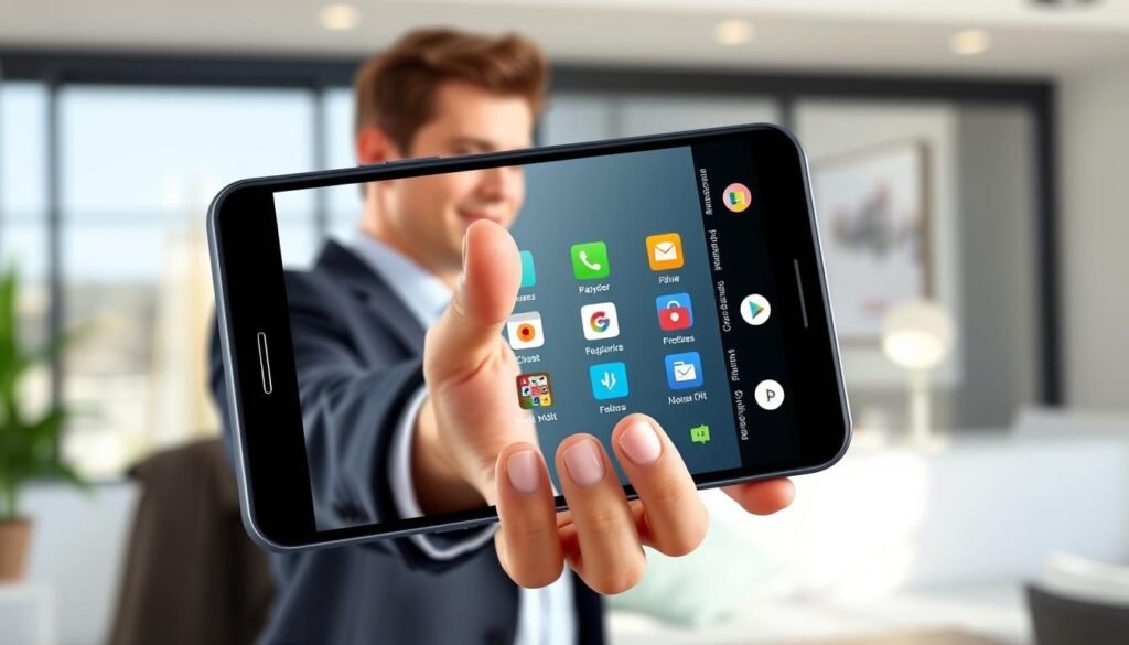 A sleek, modern Android smartphone displaying the Quick Share interface prominently in the foreground, showcasing vibrant icons and user-friendly design elements. In the middle ground, a user’s hand gestures towards the phone, encapsulating the action of sharing files quickly and easily, dressed in professional casual attire. The background features a contemporary home or office setting, with soft, natural lighting illuminating the scene, enhancing the clean lines and colors of the smartphone display. A shallow depth of field focuses attention on the device and user, creating a dynamic sense of interaction and efficiency. The overall atmosphere is energetic and innovative, reflecting the ease of use and convenience of the Quick Share feature in Android. A sleek, modern Android smartphone displaying the Quick Share interface prominently in the foreground, showcasing vibrant icons and user-friendly design elements. In the middle ground, a user’s hand gestures towards the phone, encapsulating the action of sharing files quickly and easily, dressed in professional casual attire. The background features a contemporary home or office setting, with soft, natural lighting illuminating the scene, enhancing the clean lines and colors of the smartphone display. A shallow depth of field focuses attention on the device and user, creating a dynamic sense of interaction and efficiency. The overall atmosphere is energetic and innovative, reflecting the ease of use and convenience of the Quick Share feature in Android.