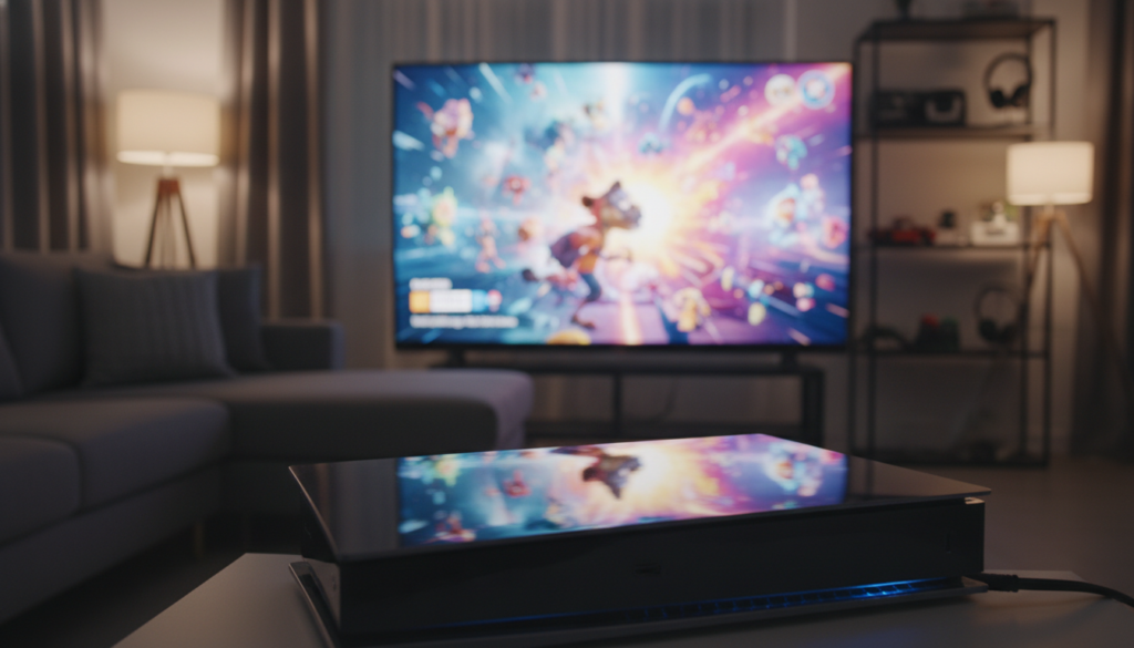 A sleek, modern Sony PS5 Pro console showcased prominently in the foreground, with a glossy finish reflecting ambient light. The console is angled slightly to reveal its elegant curves and the signature blue LED lighting. In the middle, a vibrant scene from "Ratchet & Clank: Rift Apart" is displayed on a high-resolution screen, illustrating the game's rich colors and intricate details. The background features a stylish living room setup with a cozy atmosphere, including a comfortable couch and gaming accessories. Soft, warm lighting creates an inviting mood, enhancing the visual appeal. The scene captures the essence of gaming technology, emphasizing the quality of graphics and upscaling capabilities without any text overlays or distractions.