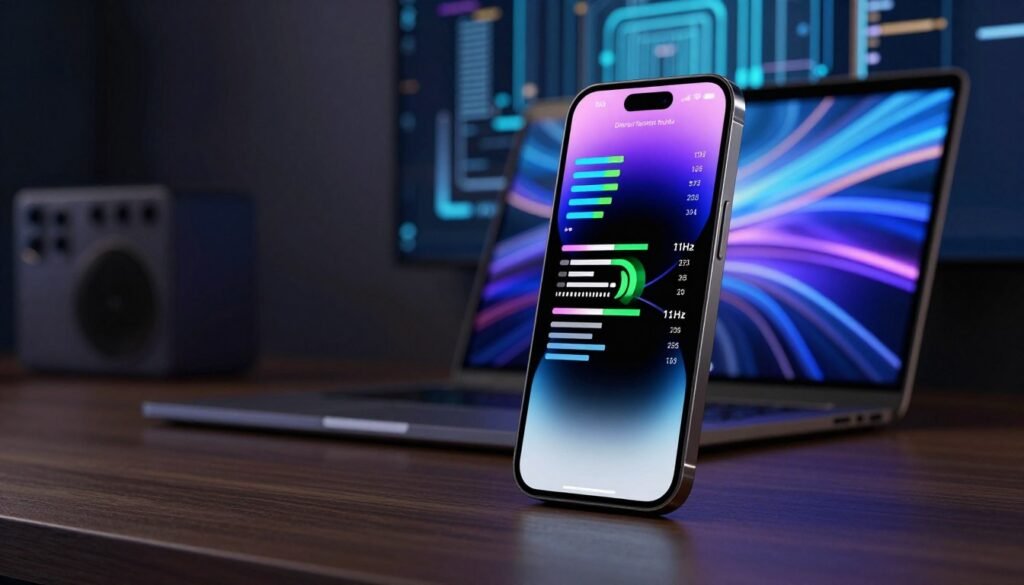 A sleek, modern iPhone 15 Pro prominently displayed in the foreground, showcasing its dynamic refresh rate feature. The device's screen is depicted with a bright, vivid animation illustrating various refresh rates ranging from high speeds to as low as 1Hz. In the middle ground, a blurred workspace filled with tech devices, such as a laptop and tablet, conveys a tech-savvy environment. The background features a futuristic digital landscape with abstract patterns representing fluid motion, emphasizing adaptability. Soft, ambient lighting highlights the phone's features, enhancing its premium design. The atmosphere is cutting-edge and innovative, inspiring a sense of advancement in technology. The angle should be slightly tilted, creating a dynamic perspective that draws the viewer's eye toward the iPhone display.