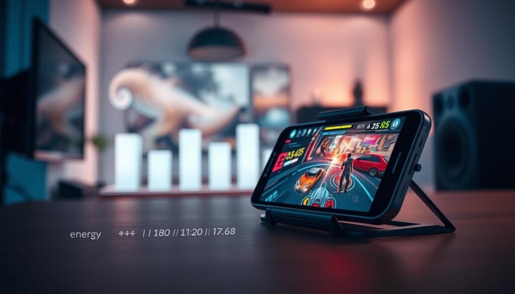 A sleek, modern mobile gaming setup showcasing the concept of energy efficiency. In the foreground, a high-performance smartphone displaying an intense gaming scene, highlighting vibrant graphics. The middle ground features a subtle representation of energy consumption metrics, perhaps illustrated with creative icons or bar graphs emanating faint light. The background should depict a stylish gaming room with ambient lighting, emphasizing a tech-savvy atmosphere. Use soft, cool colors to evoke a sense of innovation and efficiency. The lighting should be dramatic but not overwhelming, casting gentle highlights on the device. Aim for a slightly angled perspective that draws the viewer's eye toward the smartphone, emphasizing its importance in the context of mobile gaming energy efficiency. A sleek, modern mobile gaming setup showcasing the concept of energy efficiency. In the foreground, a high-performance smartphone displaying an intense gaming scene, highlighting vibrant graphics. The middle ground features a subtle representation of energy consumption metrics, perhaps illustrated with creative icons or bar graphs emanating faint light. The background should depict a stylish gaming room with ambient lighting, emphasizing a tech-savvy atmosphere. Use soft, cool colors to evoke a sense of innovation and efficiency. The lighting should be dramatic but not overwhelming, casting gentle highlights on the device. Aim for a slightly angled perspective that draws the viewer's eye toward the smartphone, emphasizing its importance in the context of mobile gaming energy efficiency.