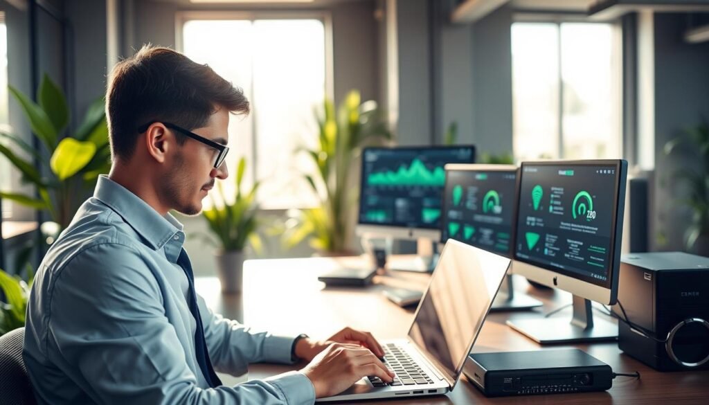 A sleek, modern office environment showcasing efficient hardware management for optimal energy use. In the foreground, a focused professional wearing business attire is working on a laptop, with energy-efficient hardware components subtly displayed next to them. In the middle ground, a high-tech workstation features a dual-monitor setup, with visible energy consumption stats on the screens. The background reveals a bright and airy office space with large windows letting in natural light, surrounded by greenery, enhancing the atmosphere of productivity and ecological awareness. The lighting is bright and warm, creating a welcoming vibe, while the angle is slightly elevated, capturing both the professional and the tech in harmony. The overall mood conveys innovation, efficiency, and a commitment to sustainability.