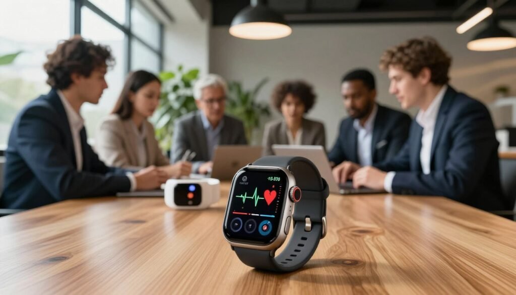 A sleek, modern smartwatch displayed prominently in the foreground, featuring a vibrant digital interface showcasing heart rate monitoring and health analytics. The watch is resting on a polished wooden desk, surrounded by innovative health technology gadgets. In the middle ground, a diverse group of professionals in smart business attire collaborate, engaged in a focused discussion about wearable health tech, with a backdrop of a contemporary office space filled with greenery and soft ambient lighting. The atmosphere is energetic yet calm, conveying innovation and teamwork. The camera angle is slightly above the table, capturing both the smartwatch and the professionals, with warm, natural light streaming in from large windows, enhancing the futuristic yet accessible feel of health technology.