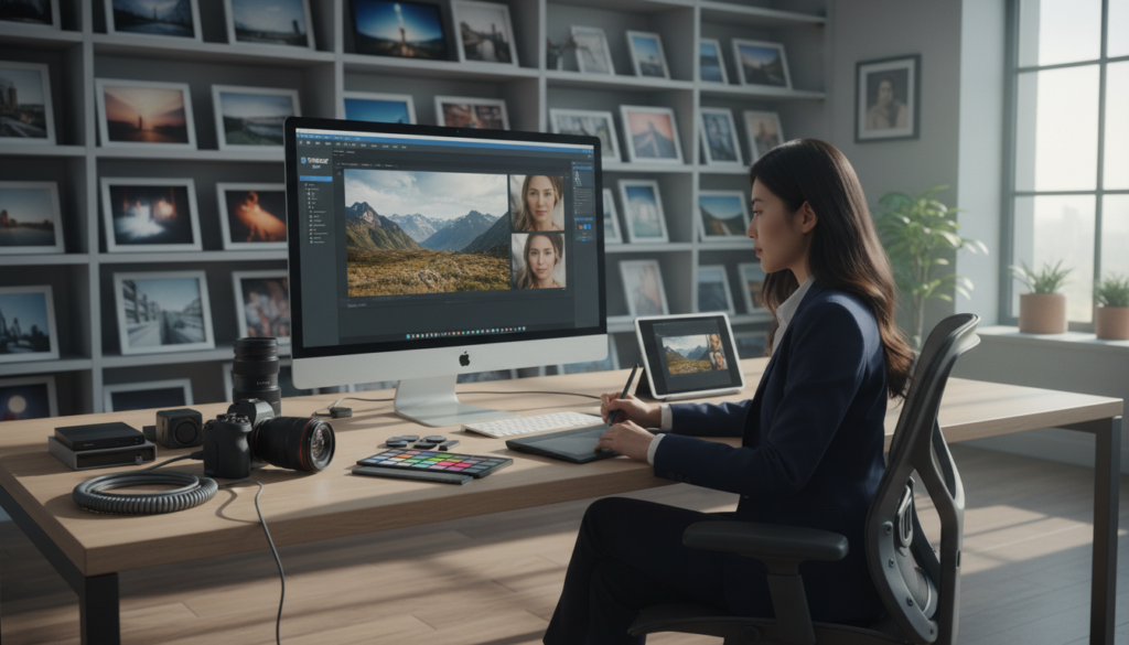 A sleek, modern workspace featuring the Topaz Labs AI Suite interface on a high-resolution monitor. In the foreground, a user of Asian descent, dressed in professional business attire, is intently engaged in editing a photo, with vibrant images of landscapes and portraits on the screen. The middle ground shows the desk cluttered with photography paraphernalia, including a camera, lenses, and color correction tools, creating an atmosphere of creativity and productivity. The background highlights a wall of framed, enhanced photographs, illustrating the remarkable quality improvement offered by the software. Soft, natural light streams in from a nearby window, casting gentle shadows and creating an inviting, inspiring ambiance. The scene evokes a sense of innovation and professionalism in photography.