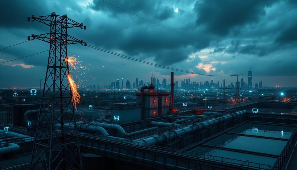 A striking image showcasing the threats to energy and water infrastructure in a futuristic urban setting. In the foreground, a damaged power grid tower with sparks flying, symbolizing cyber attacks on energy systems. The middle ground features a modern water treatment plant with broken pipes, surrounded by digital hacker motifs like encrypted codes and warning symbols. In the background, a dark, stormy sky looms over a city skyline, reflecting a tense atmosphere of uncertainty and danger. The scene is illuminated by eerie blue and red lights, heightening the urgency. Use a wide-angle lens to capture the breadth of the landscape, ensuring a sense of scale and potential catastrophe. The overall mood should evoke concern and awareness of cyber threats.