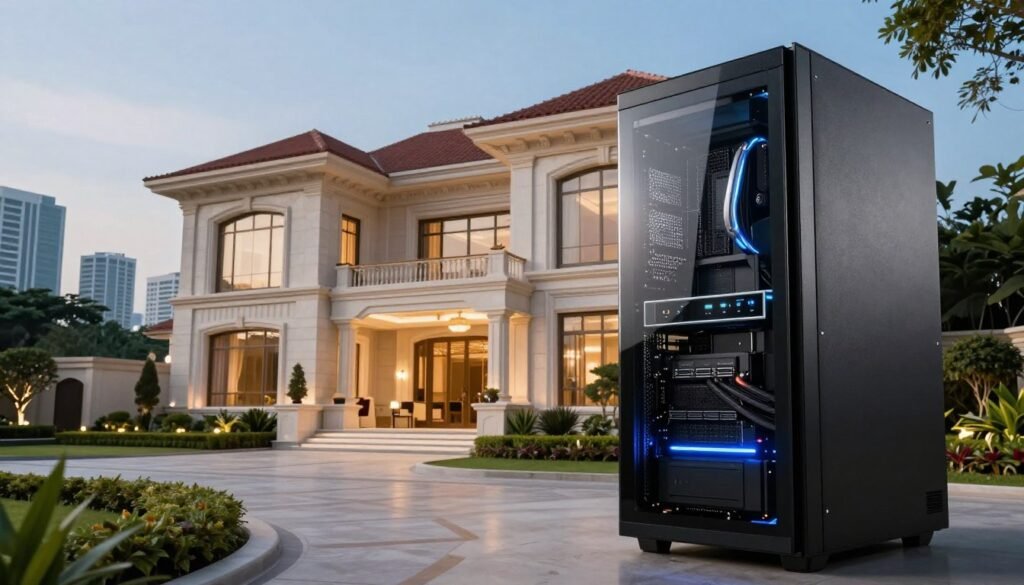 A striking visual comparison between a high-end supercomputer and a luxurious mansion in Jakarta. In the foreground, a sleek, cutting-edge supercomputer with intricate details of its hardware, glowing LED lights reflecting sophistication. The middle ground showcases an opulent mansion with grand architecture, expansive glass windows, and manicured gardens, demonstrating luxury living. The background features a lush Jakarta skyline, hinting at the city’s vibrancy, under a clear blue sky. Utilize soft, warm lighting to create an inviting atmosphere, focusing on highlighting the details of both subjects. The camera angle should be slightly low, emphasizing the grandeur of both the supercomputer and the mansion, conveying a sense of awe and luxury in juxtaposition.