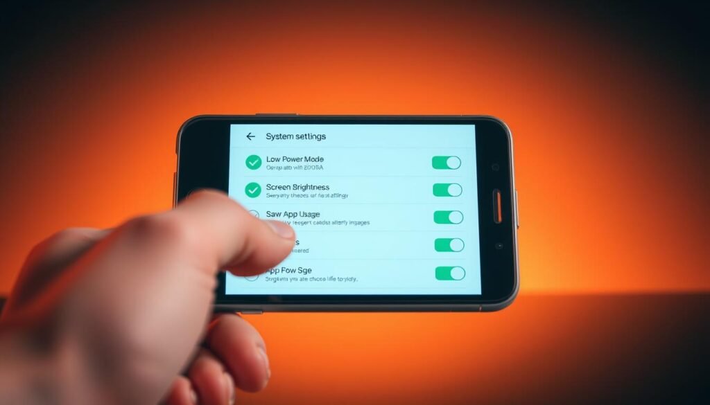 A user-friendly smartphone interface displaying battery-saving system settings, prominently featuring options like "Low Power Mode," "Screen Brightness" adjustments, and "App Usage" statistics. In the foreground, the touchscreen glows softly, with finger gestures actively selecting settings. The middle layer showcases a sleek, modern smartphone with a vibrant LTPO display, emphasizing the clarity and legibility of the settings. The background is a subtle blend of gradients, invoking a sense of technological advancement and efficiency. Warm, motivating lighting illuminates the scene, creating a focus on the device while fostering an atmosphere of innovation and practicality. The overall mood is one of empowerment, encouraging users to optimize their devices for better battery life. A user-friendly smartphone interface displaying battery-saving system settings, prominently featuring options like "Low Power Mode," "Screen Brightness" adjustments, and "App Usage" statistics. In the foreground, the touchscreen glows softly, with finger gestures actively selecting settings. The middle layer showcases a sleek, modern smartphone with a vibrant LTPO display, emphasizing the clarity and legibility of the settings. The background is a subtle blend of gradients, invoking a sense of technological advancement and efficiency. Warm, motivating lighting illuminates the scene, creating a focus on the device while fostering an atmosphere of innovation and practicality. The overall mood is one of empowerment, encouraging users to optimize their devices for better battery life.
