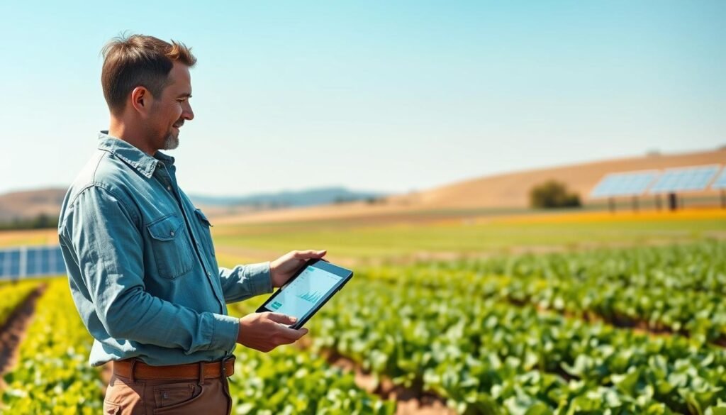 A vibrant agricultural scene showcasing IoT technology in farming. In the foreground, a farmer, dressed in modest casual clothing, interacts with a tablet displaying real-time data on crop health. Utilizing various IoT devices like drones and soil sensors, the middle ground features lush fields with thriving crops, enhanced by smart irrigation systems. The background exhibits distant rolling hills under a bright blue sky, with solar panels glinting in the sunlight, symbolizing sustainable energy. The overall atmosphere is one of innovation and prosperity, captured in bright, natural lighting, with a slight shallow depth of field to emphasize the farmer and technology while keeping the fields in focus.