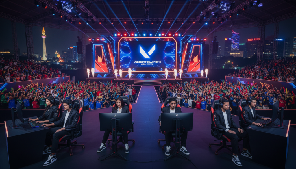A vibrant and dynamic scene depicting the Valorant Champions 2026 taking place in Jakarta. In the foreground, a diverse group of professional esports players, dressed in smart casual attire, are intensely focused on their gaming monitors, showcasing their competitive spirit. The middle ground features a massive stage with elaborate lighting and a large digital screen displaying the Valorant logo, surrounded by cheering fans adorned in team colors, capturing the excitement of the event. The background presents iconic Jakarta landmarks illuminated at night, enhancing the atmosphere with bright neon lights and a lively urban vibe. The lighting is dramatic and colorful, emphasizing the energetic mood of the esports competition, shot at a slightly elevated angle to capture both the players and the grandeur of the venue. The overall feel is one of anticipation and celebration in the world of competitive gaming. A vibrant and dynamic scene depicting the Valorant Champions 2026 taking place in Jakarta. In the foreground, a diverse group of professional esports players, dressed in smart casual attire, are intensely focused on their gaming monitors, showcasing their competitive spirit. The middle ground features a massive stage with elaborate lighting and a large digital screen displaying the Valorant logo, surrounded by cheering fans adorned in team colors, capturing the excitement of the event. The background presents iconic Jakarta landmarks illuminated at night, enhancing the atmosphere with bright neon lights and a lively urban vibe. The lighting is dramatic and colorful, emphasizing the energetic mood of the esports competition, shot at a slightly elevated angle to capture both the players and the grandeur of the venue. The overall feel is one of anticipation and celebration in the world of competitive gaming.