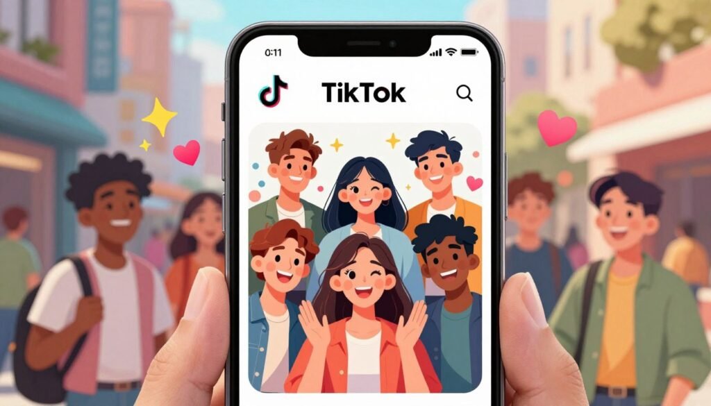 A vibrant and engaging digital illustration depicting a smartphone displaying the TikTok app interface, prominently featuring the new AI filter that transforms faces into cartoon versions. The foreground shows several diverse, young users with joyful expressions, showcasing their cartoon-filtered faces while wearing casual but stylish clothing. In the middle, colorful animated elements like sparkles and hearts suggest excitement and fun, adding a dynamic touch. The background reveals a bustling urban environment with soft lighting that emphasizes an atmosphere of creativity and social connection. The image captures a sense of trendiness and modernity, inviting curiosity about the TikTok filter phenomenon. The overall mood is lively, bright, and engaging, perfectly suited for a guide on using TikTok's new AI filter.