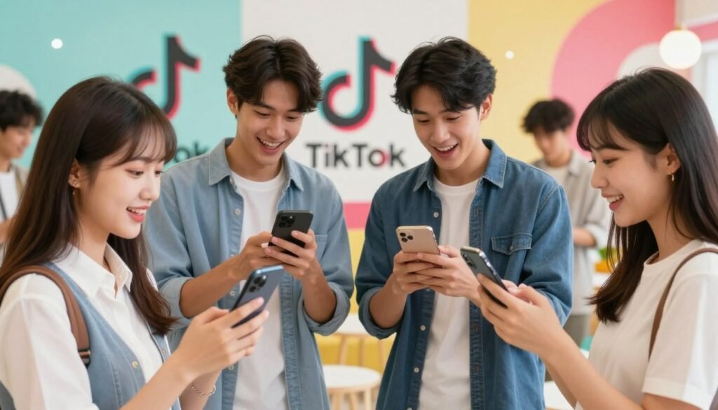 A vibrant and engaging digital scene capturing a diverse group of young people in a bright, modern setting, excitedly using their smartphones to access the new AI filters on TikTok. In the foreground, show a young woman with stylish attire, animatedly demonstrating the filter to her friends. The middle ground features two young men, intrigued by an animated cartoon version of themselves appearing on their screens. The background showcases colorful silhouettes of TikTok logos and abstract designs symbolizing digital trends. The lighting is bright and cheerful, resembling a lively social gathering, with soft bokeh effects enhancing the festive atmosphere. The composition should evoke a sense of fun, creativity, and shared experience in discovering social media trends. Ensure that all individuals are dressed in youthful, casual clothing, suitable for a friendly, social environment.