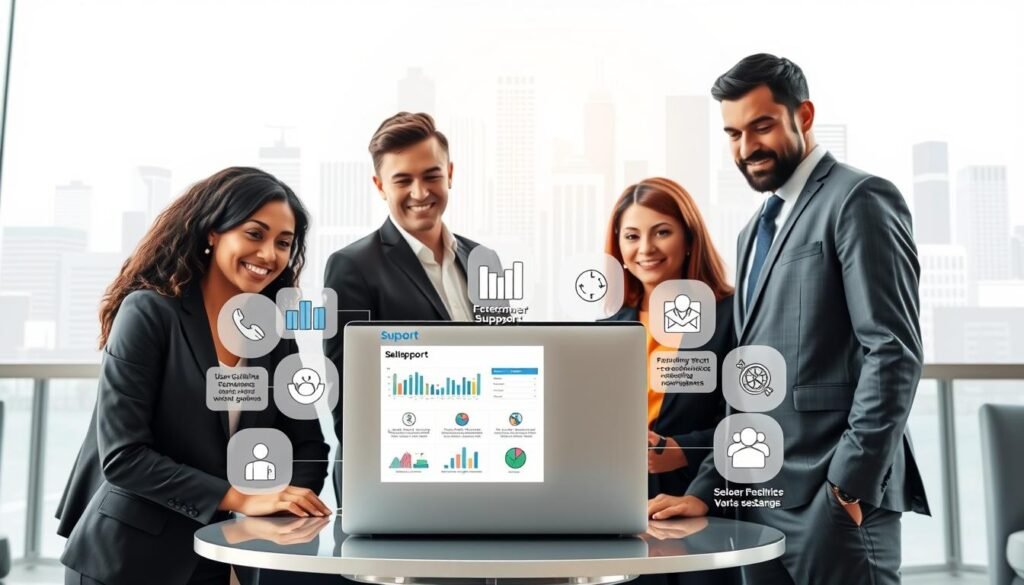 A vibrant and organized marketplace platform illustrated with various support features. In the foreground, a diverse group of professionals dressed in smart business attire collaborates around a sleek laptop displaying a marketplace interface. The middle ground showcases animated charts and icons representing customer support, user guidelines, and seller assistance. In the background, a stylized digital cityscape symbolizes the interconnectedness of online commerce. Soft, natural lighting highlights the professionals' focused expressions, creating a productive atmosphere. The scene captures a sense of teamwork and expertise, emphasizing the importance of platform support and compliance in the online trading environment. The angle is slightly elevated, providing a comprehensive view of both people and digital elements seamlessly.