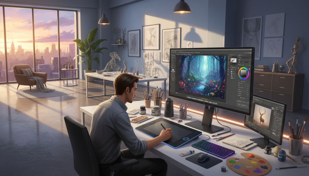 A vibrant digital art studio environment featuring the Krita interface with the G'MIC plugin. In the foreground, a well-organized workspace with a high-resolution monitor displaying an intricate digital painting process in Krita, showcasing layers, brushes, and tools. Next to the monitor, an artist in professional attire diligently sketches on a graphics tablet, surrounded by brushes and color palettes. The middle ground includes a sleek desk with a vibrant assortment of art supplies, while the background reveals a modern studio with large windows letting in natural light, enhancing the creative atmosphere. The scene is illuminated with warm, inviting lighting, creating an inspiring and focused mood that reflects professionalism and artistic ambition.