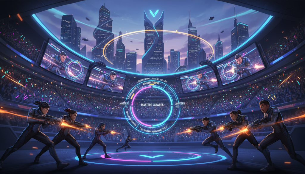 A vibrant, dynamic illustration of the VALORANT Champions Tour calendar for 2026, showcasing its key dates and events. In the foreground, include stylized representations of various competitive teams with players in professional gaming attire, displaying their strategic engagement. In the middle ground, feature a grand arena bustling with enthusiastic fans and large screens broadcasting the tournament schedule. The background should depict a futuristic cityscape, hinting at Jakarta as a potential host, with tall buildings and neon lights contributing to a lively atmosphere. Use atmospheric lighting to create excitement, focusing on bright colors and a sense of movement. Capture the intensity and passion of esports in a digital art style, ensuring a professional, engaging appearance without any text or overlays. A vibrant, dynamic illustration of the VALORANT Champions Tour calendar for 2026, showcasing its key dates and events. In the foreground, include stylized representations of various competitive teams with players in professional gaming attire, displaying their strategic engagement. In the middle ground, feature a grand arena bustling with enthusiastic fans and large screens broadcasting the tournament schedule. The background should depict a futuristic cityscape, hinting at Jakarta as a potential host, with tall buildings and neon lights contributing to a lively atmosphere. Use atmospheric lighting to create excitement, focusing on bright colors and a sense of movement. Capture the intensity and passion of esports in a digital art style, ensuring a professional, engaging appearance without any text or overlays.