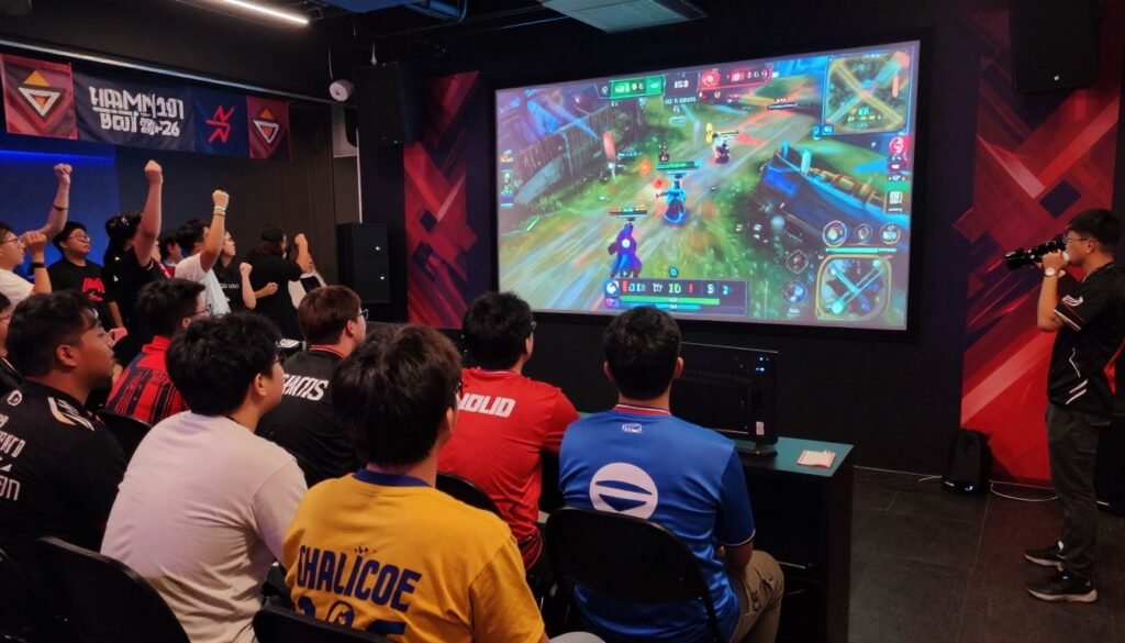 A vibrant esports viewing scene set in a lively Jakarta venue during the Valorant Champion Tour 2026. In the foreground, a diverse group of enthusiastic fans are seated with colorful gaming merchandise, wearing casual attire, and focused on a large screen broadcasting the event. In the middle ground, the screen displays intense gameplay with vibrant graphics and characters from Valorant, surrounded by dynamic lighting highlighting the excitement. The background features a crowd of fans cheering, with banners and decorations themed around the tournament, emphasizing the festive atmosphere. Soft, ambient lighting creates an energetic mood, while strategic angles capture the sense of community and support in the esports culture. The overall composition reflects the thrilling experience of watching and cheering for favorite teams in a major international tournament. A vibrant esports viewing scene set in a lively Jakarta venue during the Valorant Champion Tour 2026. In the foreground, a diverse group of enthusiastic fans are seated with colorful gaming merchandise, wearing casual attire, and focused on a large screen broadcasting the event. In the middle ground, the screen displays intense gameplay with vibrant graphics and characters from Valorant, surrounded by dynamic lighting highlighting the excitement. The background features a crowd of fans cheering, with banners and decorations themed around the tournament, emphasizing the festive atmosphere. Soft, ambient lighting creates an energetic mood, while strategic angles capture the sense of community and support in the esports culture. The overall composition reflects the thrilling experience of watching and cheering for favorite teams in a major international tournament.
