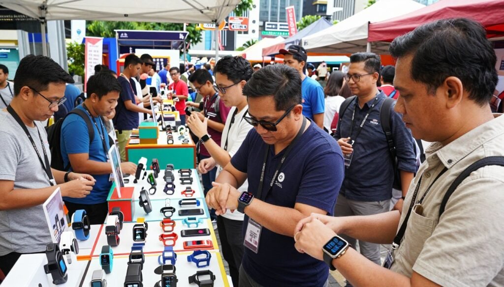 A vibrant market scene showcasing the rising trend of wearable technology in Indonesia, with a focus on smartwatches. In the foreground, a diverse group of professionals in smart casual attire examines sleek, modern smartwatches, with visible heart-rate monitoring features. The middle ground features a colorful display of various wearable devices, such as fitness trackers and smart bands, highlighting the innovative designs. The background depicts a bustling cityscape of Jakarta, with people engaging in various activities, symbolizing the integration of technology into daily life. Bright natural lighting illuminates the scene, creating an atmosphere of excitement and progress. The perspective is slightly angled from above, capturing the energy of the market while emphasizing the importance of wearable tech in health monitoring.