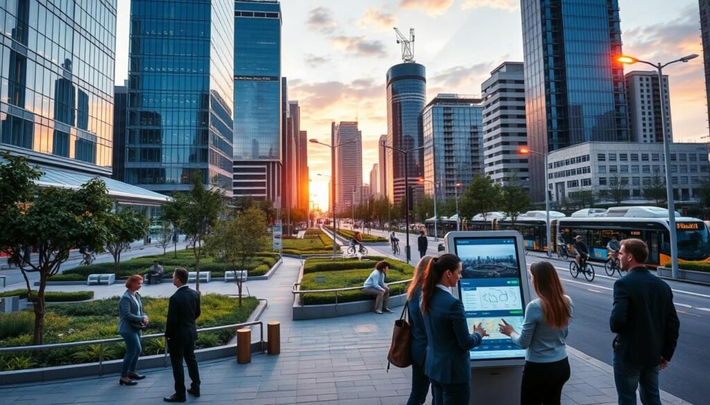 A vibrant, modern city landscape showcasing the impact of smart city technology on public services. In the foreground, a diverse group of professionals in business attire collaborates at a digital information kiosk, highlighting smart transportation and real-time data access. The middle ground features sleek smart buildings with solar panels, integrated green spaces, and smart streetlights illuminating the area. In the background, a harmonious urban environment with electric public transportation and cyclists underscores a commitment to sustainability. The scene is captured during golden hour, with soft, warm lighting creating an inviting atmosphere. The image conveys innovation, community engagement, and enhanced quality of life through smart city solutions. A vibrant, modern city landscape showcasing the impact of smart city technology on public services. In the foreground, a diverse group of professionals in business attire collaborates at a digital information kiosk, highlighting smart transportation and real-time data access. The middle ground features sleek smart buildings with solar panels, integrated green spaces, and smart streetlights illuminating the area. In the background, a harmonious urban environment with electric public transportation and cyclists underscores a commitment to sustainability. The scene is captured during golden hour, with soft, warm lighting creating an inviting atmosphere. The image conveys innovation, community engagement, and enhanced quality of life through smart city solutions.