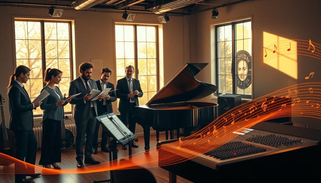 A vibrant, modern music studio showcasing the influence of classical music in today's industry. In the foreground, a diverse group of musicians, dressed in professional business attire, passionately discusses sheet music and digital devices. In the middle ground, a grand piano and a high-tech audio mixing console represent the fusion of tradition and modernity. The background features large windows letting in warm, golden sunlight that casts soft shadows, creating a welcoming atmosphere. Delicate notes from classical compositions are subtly intertwined with digital waveforms, symbolizing the impact of the new Apple Music Classical application. The overall mood is inspiring and creative, highlighting the ongoing evolution of classical music in a contemporary setting.