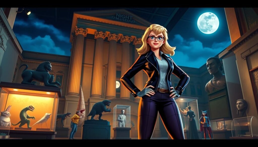 A vibrant night scene set in a fantastical museum, evoking the magic of Season 6 of "Night at the Museum." In the foreground, a heroic figure resembling Elsa Bloodstone stands confidently, donning stylish, professional attire with subtle superhero elements. Her dynamic pose exudes strength and readiness. In the middle ground, various iconic museum exhibits come to life, illuminated by soft, warm lighting that casts intriguing shadows. Artifacts and sculptures showcase a blend of historical and whimsical aspects, including animated creatures peeking from behind displays. In the background, a majestic museum architecture looms, its tall columns bathed in moonlight, creating a sense of wonder. The atmosphere is both mysterious and adventurous, inviting the viewer into this animated world of history and heroism. A vibrant night scene set in a fantastical museum, evoking the magic of Season 6 of "Night at the Museum." In the foreground, a heroic figure resembling Elsa Bloodstone stands confidently, donning stylish, professional attire with subtle superhero elements. Her dynamic pose exudes strength and readiness. In the middle ground, various iconic museum exhibits come to life, illuminated by soft, warm lighting that casts intriguing shadows. Artifacts and sculptures showcase a blend of historical and whimsical aspects, including animated creatures peeking from behind displays. In the background, a majestic museum architecture looms, its tall columns bathed in moonlight, creating a sense of wonder. The atmosphere is both mysterious and adventurous, inviting the viewer into this animated world of history and heroism.