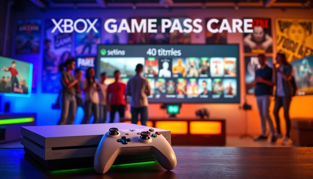 A vibrant promotional scene showcasing the "Xbox Game Pass Core" service. In the foreground, a sleek, modern gaming console with a wireless controller resting beside it, illuminated by soft, colorful LED lights in blue and green. In the middle ground, the outline of a diverse group of enthusiastic gamers, dressed in casual, stylish attire, gathered around a large screen displaying an exciting selection of game icons representing the 40 titles available. The background features a lively gaming setup with posters of popular games and dynamic, ambient lighting that creates an energetic atmosphere. The overall mood is joyful and inviting, emphasizing community and excitement about the new service. Soft lens focus to highlight the console and gamers, while the background remains slightly blurred, capturing the spirit of gaming culture.