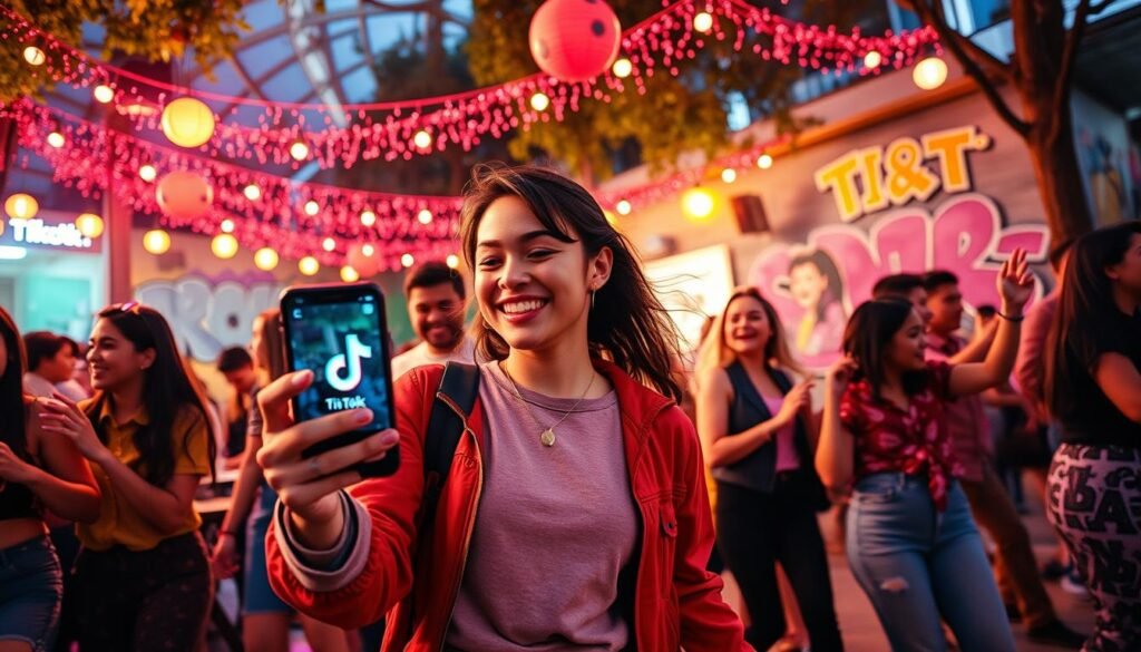 A vibrant scene capturing the essence of trending music on TikTok, featuring a diverse group of young adults energetically dancing in a well-lit urban environment. In the foreground, a cheerful individual wearing stylish, modest casual clothing holds a smartphone, showcasing TikTok's interface, while others around them groove to catchy beats, embodying joyful engagement. The middle ground showcases colorful lights and decorations typical of a trendy café or park, where people congregate to enjoy the ambiance. The background is filled with animated graffiti art and subtle hints of city life, emphasizing a playful and creative atmosphere. Use warm lighting to enhance the lively mood, employing a slightly tilted angle to create a dynamic perspective that draws viewers into the energy of the moment. A vibrant scene capturing the essence of trending music on TikTok, featuring a diverse group of young adults energetically dancing in a well-lit urban environment. In the foreground, a cheerful individual wearing stylish, modest casual clothing holds a smartphone, showcasing TikTok's interface, while others around them groove to catchy beats, embodying joyful engagement. The middle ground showcases colorful lights and decorations typical of a trendy café or park, where people congregate to enjoy the ambiance. The background is filled with animated graffiti art and subtle hints of city life, emphasizing a playful and creative atmosphere. Use warm lighting to enhance the lively mood, employing a slightly tilted angle to create a dynamic perspective that draws viewers into the energy of the moment.