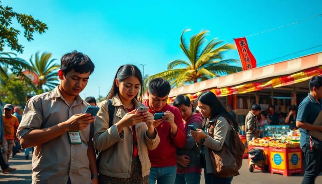 A vibrant scene depicting a diverse group of Indonesian users engaging with the Shazam app in various outdoor conditions. In the foreground, a young man in casual, modest clothing stands next to a woman in a light jacket, both focused on their smartphones. In the middle ground, a small group is huddled together, trying to listen to music while wind rustles through nearby trees, showcasing their expressions of concentration and curiosity. The background features a bustling street market, with stalls and colorful banners swaying in the wind under a clear blue sky. The lighting is warm and natural, highlighting the scene's lively atmosphere while creating a sense of urgency and excitement. The angle is slightly tilted upward, emphasizing the users' engagement with technology in a dynamic environment. A vibrant scene depicting a diverse group of Indonesian users engaging with the Shazam app in various outdoor conditions. In the foreground, a young man in casual, modest clothing stands next to a woman in a light jacket, both focused on their smartphones. In the middle ground, a small group is huddled together, trying to listen to music while wind rustles through nearby trees, showcasing their expressions of concentration and curiosity. The background features a bustling street market, with stalls and colorful banners swaying in the wind under a clear blue sky. The lighting is warm and natural, highlighting the scene's lively atmosphere while creating a sense of urgency and excitement. The angle is slightly tilted upward, emphasizing the users' engagement with technology in a dynamic environment.