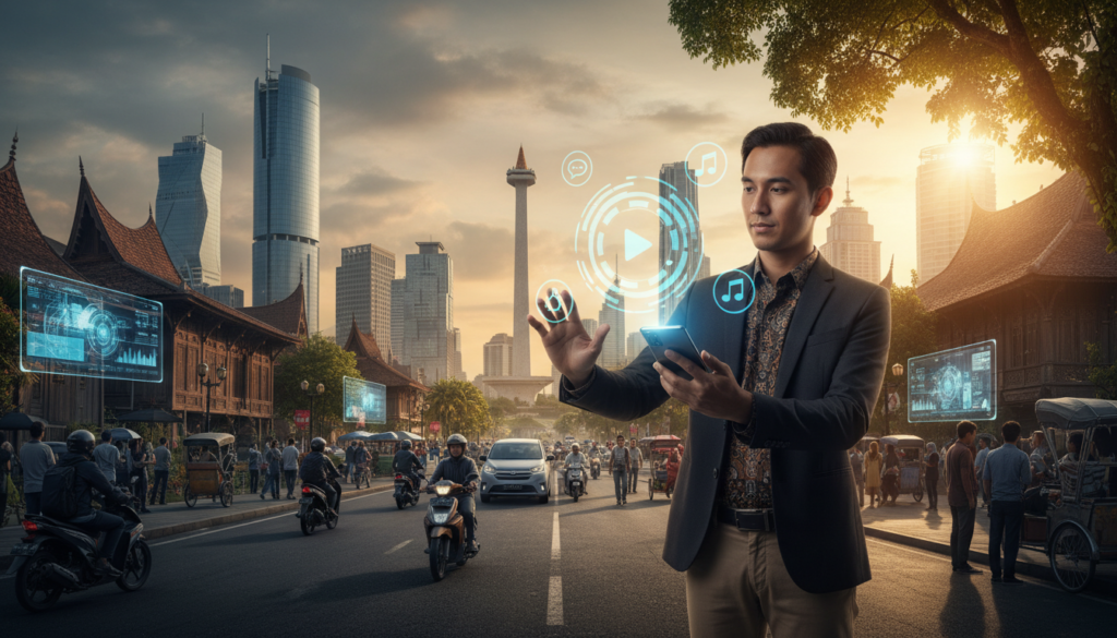 A vibrant scene depicting a modern Indonesian smartphone user engaging with an AI-powered gesture control interface. In the foreground, a young professional dressed in smart casual attire interacts with a sleek, futuristic smartphone. The device displays glowing holographic icons that represent various everyday use cases like communication, navigation, and entertainment. In the middle ground, a bustling urban setting showcases a blend of traditional and modern architecture, symbolizing the rich culture of Indonesia. Bright, warm lighting enhances the inviting atmosphere, with sunlight filtering through nearby trees. In the background, the iconic silhouette of Jakarta's skyline highlights the technological advancement in everyday life, creating a sense of optimism about the future of human-technology interaction. A vibrant scene depicting a modern Indonesian smartphone user engaging with an AI-powered gesture control interface. In the foreground, a young professional dressed in smart casual attire interacts with a sleek, futuristic smartphone. The device displays glowing holographic icons that represent various everyday use cases like communication, navigation, and entertainment. In the middle ground, a bustling urban setting showcases a blend of traditional and modern architecture, symbolizing the rich culture of Indonesia. Bright, warm lighting enhances the inviting atmosphere, with sunlight filtering through nearby trees. In the background, the iconic silhouette of Jakarta's skyline highlights the technological advancement in everyday life, creating a sense of optimism about the future of human-technology interaction.