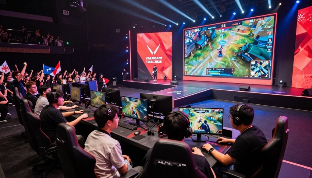 A vibrant scene showcasing the significance of the Southeast Asian esports tournament landscape, focusing on the Valorant Champion Tour 2026 in Jakarta. In the foreground, a diverse group of professional gamers in smart casual attire passionately discussing strategies, with gaming equipment and high-tech monitors around them. In the middle ground, a large stage setup is visible, featuring dramatic lighting and a massive LED screen displaying a Valorant match, emphasizing the competitive spirit. The background features an energetic crowd of fans waving flags and cheering, capturing the atmosphere of excitement and community. The lighting is dynamic, with spotlights highlighting the stage. The angle is slightly elevated to present a panoramic view, evoking a sense of grandeur and importance for Southeast Asia in the global esports arena. The overall mood is electric and inspiring. A vibrant scene showcasing the significance of the Southeast Asian esports tournament landscape, focusing on the Valorant Champion Tour 2026 in Jakarta. In the foreground, a diverse group of professional gamers in smart casual attire passionately discussing strategies, with gaming equipment and high-tech monitors around them. In the middle ground, a large stage setup is visible, featuring dramatic lighting and a massive LED screen displaying a Valorant match, emphasizing the competitive spirit. The background features an energetic crowd of fans waving flags and cheering, capturing the atmosphere of excitement and community. The lighting is dynamic, with spotlights highlighting the stage. The angle is slightly elevated to present a panoramic view, evoking a sense of grandeur and importance for Southeast Asia in the global esports arena. The overall mood is electric and inspiring.
