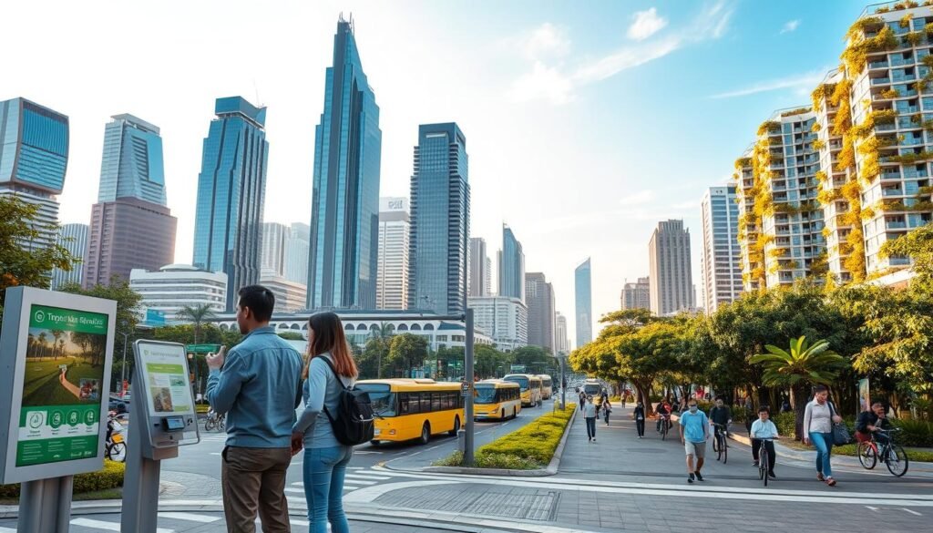 A vibrant urban skyline of a smart city in Indonesia in 2025, showcasing a blend of modern architecture and greenery. In the foreground, a family of four, dressed in smart casual attire, interacts with a digital city information kiosk. The middle ground features eco-friendly transportation options like electric buses and bicycles, with people walking along tree-lined streets. The background reveals high-tech skyscrapers adorned with solar panels and vertical gardens under a bright blue sky, capturing a sense of innovation and sustainability. Soft golden-hour lighting casts a warm glow over the scene, enhancing the atmosphere of community and progress. The angle is slightly elevated, offering a panoramic view that highlights both the people and the city’s advancements. A vibrant urban skyline of a smart city in Indonesia in 2025, showcasing a blend of modern architecture and greenery. In the foreground, a family of four, dressed in smart casual attire, interacts with a digital city information kiosk. The middle ground features eco-friendly transportation options like electric buses and bicycles, with people walking along tree-lined streets. The background reveals high-tech skyscrapers adorned with solar panels and vertical gardens under a bright blue sky, capturing a sense of innovation and sustainability. Soft golden-hour lighting casts a warm glow over the scene, enhancing the atmosphere of community and progress. The angle is slightly elevated, offering a panoramic view that highlights both the people and the city’s advancements.