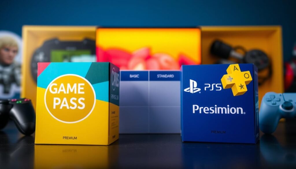 A visually engaging comparison chart depicting the pricing tiers of Game Pass and PS Plus Premium. In the foreground, showcase two vibrant boxes labeled 'Game Pass' and 'PS Plus', designed with their respective branding colors and logos. The middle layer should feature a clear comparison layout, with tier labels such as 'Basic', 'Standard', and 'Premium', illustrated with price tags beneath each tier. In the background, subtly incorporate visual elements related to gaming, like controllers and consoles, to enhance the atmosphere. Use bright, professional lighting to create an inviting mood, and choose an angled perspective for depth. This image should feel modern and informative, aimed at gamers looking for budget-friendly subscription options.