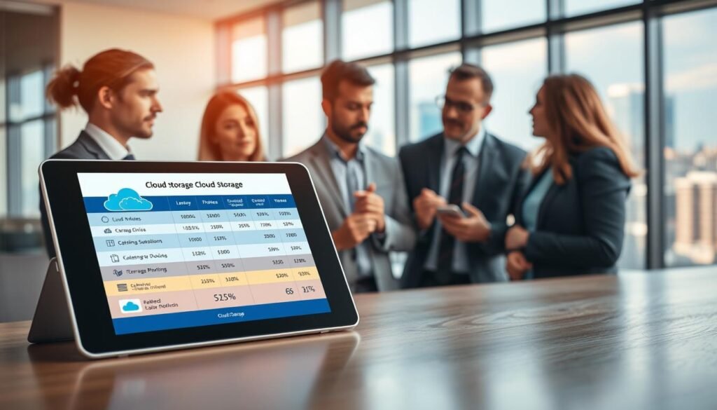 A visually engaging comparison of cloud storage prices and features, set in a modern office environment. In the foreground, a sleek digital tablet displays a striking infographic showing various cloud storage providers with their prices and key features. In the middle ground, a diverse group of professionals in business attire discusses the chart with focused expressions, emphasizing collaboration and analysis. The background features a large window revealing a bustling cityscape, symbolizing the digital world. Soft, natural lighting casts a warm glow over the scene, while a shallow depth of field blurs the city outside, keeping the focus on the tablet and the professionals. The overall mood is insightful and dynamic, conveying the importance of informed choices in cloud storage.