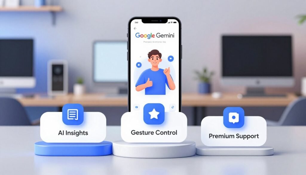 A visually engaging illustration showcasing various pricing packages for the Google Gemini app designed for Indonesian users. In the foreground, display three distinct pricing tiers creatively arranged on sleek digital platforms, each illustrated with intuitive icons representing features like "AI Insights," "Gesture Control," and "Premium Support." In the middle, include a blurred smartphone screen showcasing a friendly user interface of the Google Gemini app, with gestures being recognized. The background features a modern, tech-savvy workspace with soft lighting emanating from smart devices and a calming ambiance, suggesting efficiency and innovation. The overall atmosphere should evoke excitement and curiosity about the new AI capabilities, without any text or human figures present, to maintain focus on the pricing options.