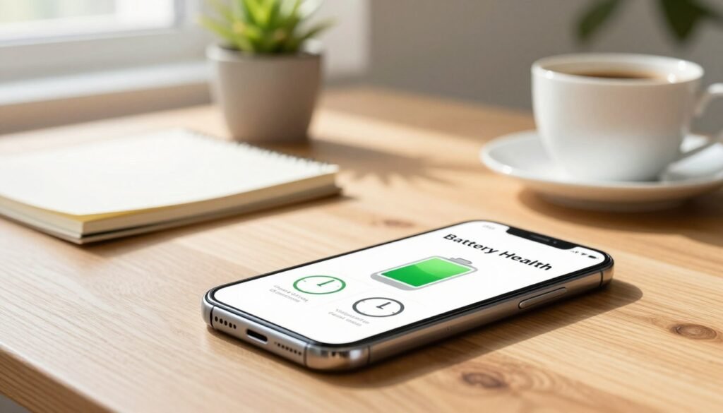 A visually engaging image depicting daily battery health tips for iPhone users, set in a cozy home environment. In the foreground, a sleek iPhone resting on a stylish wooden table, showing an infographic with symbols of battery health such as a green battery icon, a charging cable, and clock symbols indicating optimal charging times. The middle layer features neatly arranged items like a notepad, a plant, and a cup of coffee, suggesting a productive workspace. The background shows warm, soft lighting, with sunlight filtering through a window, creating a relaxed and inviting ambiance. The colors should be bright and uplifting, conveying a sense of positivity and care for technology maintenance, without any text or watermarks.