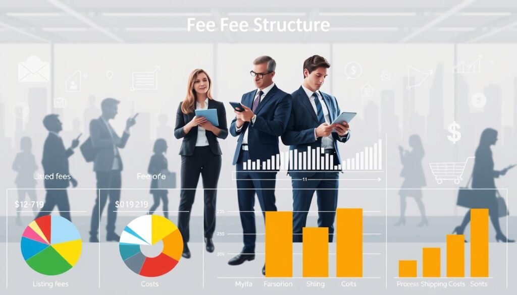 A visually engaging infographic illustrating the fee structure of a marketplace. In the foreground, depict various categories of fees and costs, such as listing fees, transaction fees, and shipping costs, represented as colorful pie charts and bar graphs. The middle ground should feature business professionals in smart attire analyzing the data on digital devices, discussing strategies, and pointing to the graphs. The background should incorporate an abstract representation of a marketplace, such as silhouettes of shoppers and digital icons symbolizing commerce, like shopping carts and dollar signs. Use bright yet professional lighting to create a clean, modern atmosphere, with a slightly tilted angle to add dynamism to the composition.