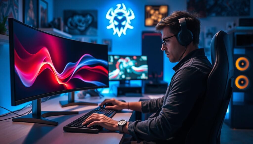 A visually impactful scene depicting the drawbacks of gaming display technology. In the foreground, a frustrated competitive gamer sits at a sleek gaming desk, dressed in casual yet professional attire, glancing at an OLED monitor displaying vibrant colors but suffering from motion blur during fast-paced action. In the middle ground, a contrasting Mini LED monitor showcases sharp details but has a noticeable flicker, highlighting its issues. The background features gaming-related decor, subtly illuminated by a cool blue light, creating an intense atmosphere. Utilize a wide-angle lens to capture the entire setup, ensuring clarity on both monitors. The lighting should be dynamic, drawing attention to the gaming equipment while enhancing the overall mood of contemplation and comparison.