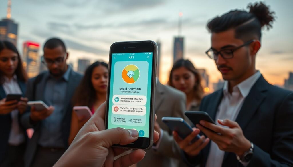 A visually striking and thoughtful representation of the dual nature of technology's impact, specifically focusing on AI in smartphones. In the foreground, a smartphone displays a vibrant app interface highlighting mood detection features, symbolizing the positive aspects of mental health insights. In the middle ground, a group of diverse individuals in professional attire engage interactively with their devices, their expressions reflecting both curiosity and concern. The background features a city skyline at dusk, illuminated by soft, warm lights, creating a contrasting atmosphere of optimism and apprehension. Utilize natural lighting to enhance the realism, with a slightly blurred depth of field to focus on the subjects. The mood should balance hope and caution, encapsulating the benefits and risks intertwined in AI technology. A visually striking and thoughtful representation of the dual nature of technology's impact, specifically focusing on AI in smartphones. In the foreground, a smartphone displays a vibrant app interface highlighting mood detection features, symbolizing the positive aspects of mental health insights. In the middle ground, a group of diverse individuals in professional attire engage interactively with their devices, their expressions reflecting both curiosity and concern. The background features a city skyline at dusk, illuminated by soft, warm lights, creating a contrasting atmosphere of optimism and apprehension. Utilize natural lighting to enhance the realism, with a slightly blurred depth of field to focus on the subjects. The mood should balance hope and caution, encapsulating the benefits and risks intertwined in AI technology.