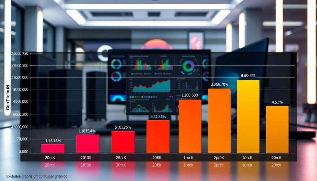 A visually striking comparison chart of graphics performance, showcasing various GPUs including the iGPU 780M. In the foreground, highlight the performance metrics of the iGPU 780M in vibrant colors, against a backdrop of other GPU models, using distinct, labeled bars or lines. The middle section features charts illustrating benchmark scores, with the highest results vividly emphasized. The background displays a sleek, modern tech environment, symbolizing cutting-edge computing. Utilize soft, focused lighting to ensure clarity and contrast in details, captured from a slightly elevated angle to provide depth. The overall mood should convey innovation and efficiency in computer graphics, inspiring confidence in technology. Exclude any text overlays or branding elements.