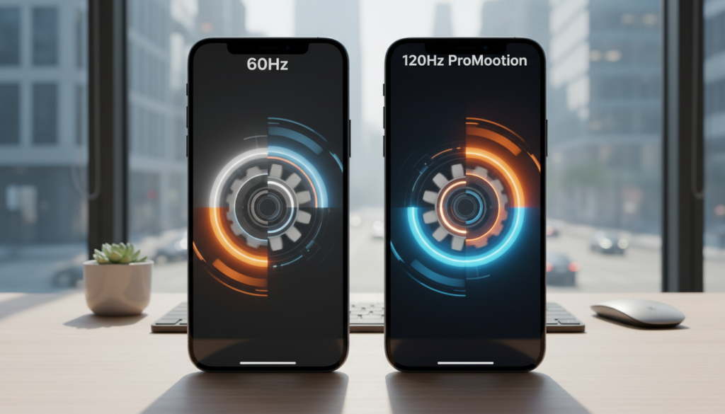 A visually striking comparison of a 60Hz screen and a 120Hz adaptive ProMotion display. In the foreground, two smartphones side by side, one showing a vibrant, fluid animation on the 120Hz screen with bright colors that pop, while the 60Hz screen presents a more static, less dynamic image with subdued tones. In the middle ground, a sleek modern workspace, subtly illuminated with soft natural light filtering through a window, casting gentle shadows. The background features a blurred urban setting to suggest a tech-savvy environment. The scene is shot from a slightly elevated angle, focusing on the displays' clarity and responsiveness, evoking a sense of innovation and modernity, inviting viewers to ponder the technology behind adaptive refresh rates. A visually striking comparison of a 60Hz screen and a 120Hz adaptive ProMotion display. In the foreground, two smartphones side by side, one showing a vibrant, fluid animation on the 120Hz screen with bright colors that pop, while the 60Hz screen presents a more static, less dynamic image with subdued tones. In the middle ground, a sleek modern workspace, subtly illuminated with soft natural light filtering through a window, casting gentle shadows. The background features a blurred urban setting to suggest a tech-savvy environment. The scene is shot from a slightly elevated angle, focusing on the displays' clarity and responsiveness, evoking a sense of innovation and modernity, inviting viewers to ponder the technology behind adaptive refresh rates.