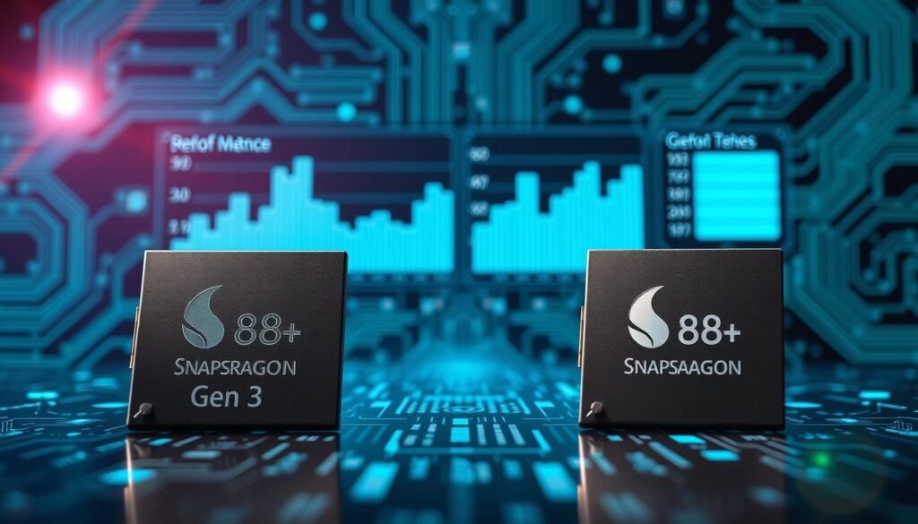 A visually striking comparison of chipset performance, focusing on the Snapdragon 8s Gen 3 and Snapdragon 8+ Gen 1. In the foreground, showcase two intricately designed, high-tech chipsets, enhanced with detailed engravings and clear labeling to denote their model names. In the middle ground, depict a powerful graphical representation of performance metrics in dynamic graphs and charts, illustrating speed and efficiency. The background should feature an abstract digital circuit board design, subtly illuminated with cool blue and green tones, conveying a sense of advanced technology. Use soft, focused lighting to emphasize the chipsets, adding a slight lens flare for an engaging effect. The overall mood should be futuristic and innovative, aimed at tech-savvy readers eager to explore chipset advancements. A visually striking comparison of chipset performance, focusing on the Snapdragon 8s Gen 3 and Snapdragon 8+ Gen 1. In the foreground, showcase two intricately designed, high-tech chipsets, enhanced with detailed engravings and clear labeling to denote their model names. In the middle ground, depict a powerful graphical representation of performance metrics in dynamic graphs and charts, illustrating speed and efficiency. The background should feature an abstract digital circuit board design, subtly illuminated with cool blue and green tones, conveying a sense of advanced technology. Use soft, focused lighting to emphasize the chipsets, adding a slight lens flare for an engaging effect. The overall mood should be futuristic and innovative, aimed at tech-savvy readers eager to explore chipset advancements.